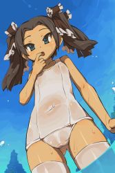 Rule 34 | 1girl, bad id, bad pixiv id, blue eyes, brown hair, cameltoe, day, finger in own mouth, flat chest, from below, itsukia, one-piece swimsuit, original, outdoors, school swimsuit, see-through, sky, solo, swimsuit, thighhighs, wading, water drop, wet, white one-piece swimsuit, white school swimsuit, white thighhighs