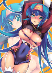 Rule 34 | 1girl, :o, adapted costume, arched back, arms up, ass, bad id, bad pixiv id, blue hair, blush, bodysuit, bottomless, breasts, bursting breasts, buttons, cameltoe, clenched hand, covered navel, cowboy shot, crop top, dimples of venus, dual persona, dutch angle, embarrassed, eyebrows, from side, garter straps, giant, giantess, gloves, green eyes, groin, headband, klan klein, leotard, long hair, long sleeves, looking at viewer, looking back, macross, macross frontier, meltrandi, nipple slip, nipples, no bra, nose blush, open mouth, orange background, outline, pointy ears, quad tails, simple background, sleeve cuffs, small breasts, solo, surprised, sweatdrop, thick eyebrows, thigh gap, thighhighs, torn clothes, torn leotard, turtleneck, uk-works, very long hair, zentradi