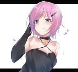 Rule 34 | 1girl, arm up, bare shoulders, black background, black dress, black gloves, blue eyes, blush, closed mouth, collarbone, commentary request, criss-cross halter, dress, elbow gloves, gloves, hair ornament, hairclip, halterneck, highres, letterboxed, looking at viewer, nijisanji, petals, pink hair, smile, solo, two-tone background, upper body, virtual youtuber, white background, yuki maccha (yukimattya10), yuuhi riri