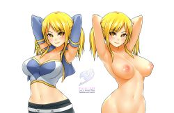 Rule 34 | 1girl, arms behind head, artist request, blonde hair, blush, breasts, fairy tail, female focus, happy, large breasts, looking at viewer, lucy heartfilia, nipples, sideboob, simple background, standing, stretching, yellow eyes