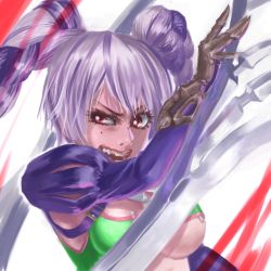 Rule 34 | 1girl, blade, breasts, eyelashes, highres, large breasts, murasaki-sin, open mouth, purple hair, red eyes, solo, soul calibur, soulcalibur, soulcalibur v, tira (soulcalibur), twintails, underboob, weapon