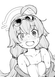 Rule 34 | 1girl, absurdres, ahoge, bare shoulders, bikini, blue archive, blush, eyewear on head, fang, flat chest, greyscale, halo, henry bird 9, highres, hoshino (blue archive), hoshino (swimsuit) (blue archive), jacket, jacket partially removed, long hair, monochrome, nervous, off shoulder, official alternate costume, open mouth, solo, spaghetti strap, sunglasses, sweat, sweatdrop, swimsuit, upper body, very long hair