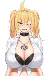 Rule 34 | 1girl, ahoge, black bra, blonde hair, blush, bra, bra visible through clothes, breasts, brown eyes, choker, cleavage, collared shirt, fang, hair between eyes, heart, highres, huge breasts, jewelry, kirome (kamipaper), long hair, looking at viewer, necklace, one eye closed, open mouth, original, saaya (kirome), shirt, simple background, skull necklace, smile, solo, tied shirt, twintails, unbuttoned, unbuttoned shirt, underwear, virtual youtuber, white background, white shirt