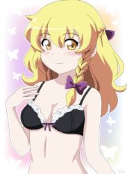 Rule 34 | 1girl, animal print, blonde hair, blush, bow, bra, braid, breasts, butterfly print, curvy, hair between eyes, highres, kirisame marisa, lace, lingerie, magician, medium breasts, pastel colors, pink background, purple bow, remyfive, shy, single braid, smile, solo, touhou, touhou (pc-98), underwear, upper body, wavy hair, yellow eyes
