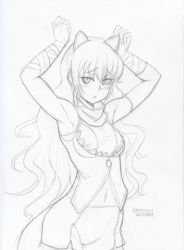 Rule 34 | 1girl, animal ears, arms up, blake belladonna, blush, breasts, cat ears, long hair, medium breasts, monochrome, sketch, solo, stormcow, suggestive, thighhighs, yang xiao long