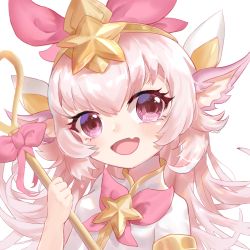 Rule 34 | 1girl, alternate color, animal ears, fang, headpiece, holding, holding staff, league of legends, long hair, looking at viewer, lulu (league of legends), magical girl, natsuichi-sama, open mouth, pink eyes, pink hair, smile, staff, star (symbol), star guardian (league of legends), star guardian lulu, tiara, upper body, yordle