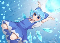 Rule 34 | 1girl, arms up, blue background, blue bow, blue dress, blue eyes, blue footwear, blue hair, blush, bow, bowtie, cirno, closed mouth, collar, collared shirt, dress, flying, gradient background, hair between eyes, hands up, ice, ice wings, looking to the side, puffy short sleeves, puffy sleeves, red bow, red bowtie, rital, shirt, shoes, short hair, short sleeves, smile, socks, solo, touhou, twitter username, white background, white shirt, white socks, wings
