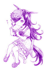 Rule 34 | 1girl, animal ears, bow, bowtie, bread, bread slice, commentary request, eating, flower, food, full body, hair over one eye, hat, hat flower, highres, hijiri rei, horse ears, horse girl, horse tail, loafers, long hair, looking at viewer, monochrome, pleated skirt, rice shower (umamusume), school uniform, serafuku, shoes, short sleeves, simple background, skirt, solo, tail, thighhighs, tilted headwear, tracen school uniform, traditional media, umamusume