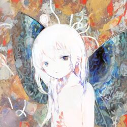Rule 34 | album cover, black eyes, closed mouth, colored skin, cover, highres, long hair, looking at viewer, nude, original, tsukamoto anabone, white hair, white skin, wings