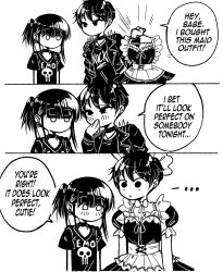 Rule 34 | ..., 2girls, 3koma, black hair, blush, choker, comic, commentary, corrupted twitter file, earrings, emo-girl (grs-), english commentary, english text, greyscale, grs-, highres, holding, holding clothes, jacket, jewelry, long hair, maid, monochrome, multiple girls, necklace, no mouth, original, ponytail, reverse trap, rock-girl (grs-), shirt, short hair, shoulder spikes, skull, skull print, speech bubble, spikes, t-shirt, tomboy, very short hair, yuri