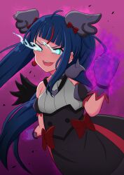 Rule 34 | 1girl, absurdres, armor, aura, black dress, black wings, blue eyes, blue hair, bow, brooch, clenched hand, commentary, cure sky, cut bangs, dark aura, dark cure sky, detached sleeves, dress, dress bow, earclip, earrings, eploov, evil smile, feathered wings, gloves, glowing, glowing eyes, glowing fist, half-closed eyes, head tilt, highres, hirogaru sky! precure, jewelry, long hair, looking at viewer, magical girl, open mouth, pauldrons, precure, puffy detached sleeves, puffy sleeves, shoulder armor, single earring, single pauldron, single sidelock, single wing, sleeveless, sleeveless dress, smile, solo, sora harewataru, spiked pauldrons, twintails, very long hair, wing brooch, wings