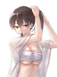 Rule 34 | 10s, 1girl, adjusting hair, breasts, brown hair, bunching hair, cleavage, fukuroumori, hair tie, hair undone, kaga (kancolle), kantai collection, large breasts, lips, looking at viewer, mouth hold, open clothes, open shirt, ribbon, ribbon in mouth, sarashi, see-through, shiny skin, shirt, short hair, side ponytail, simple background, solo, stomach, tying hair, upper body, white background, white shirt, yellow eyes