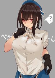 Rule 34 | 1girl, ?, absurdres, beret, black gloves, black hair, blue hat, blue skirt, blush, breasts, button gap, closed mouth, commentary request, dress shirt, endou (zettai bluenoid), gloves, grey background, hair between eyes, hat, highres, kantai collection, large breasts, military, military uniform, miniskirt, pink lips, red eyes, shirt, short hair, short sleeves, sidelocks, skirt, takao (kancolle), translation request, uniform, white shirt