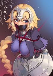 Rule 34 | 1girl, absurdres, armor, armored dress, arms behind back, between breasts, blonde hair, blue eyes, blush, bound, bound arms, braid, breasts, capelet, commentary, dress, fate/apocrypha, fate/grand order, fate (series), french braid, gag, gagged, gauntlets, hair between eyes, headpiece, highres, improvised gag, jeanne d&#039;arc (fate), jeanne d&#039;arc (ruler) (fate), kaddo, large breasts, long braid, long hair, looking back, purple capelet, purple dress, red rope, restrained, rope, single braid, solo, strap between breasts, sweat, tape, tape gag, very long hair