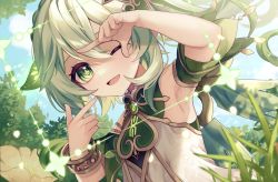 Rule 34 | 1girl, absurdres, armpits, arms up, bare shoulders, blue sky, bracelet, bush, cape, cloud, cloudy sky, commentary request, cross-shaped pupils, detached sleeves, dress, flower, gem, genshin impact, grass, green cape, green eyes, green flower, green gemstone, green hair, grey dress, hair between eyes, hair ornament, hands up, heart, heart hair ornament, highres, jewelry, leaf, long hair, looking at viewer, nahida (genshin impact), one eye closed, open mouth, ougi (u to4410), outdoors, pointy ears, ponytail, short sleeves, side ponytail, sky, smile, solo, sparkle, square, symbol-shaped pupils, tongue, tree, upper body, vision (genshin impact), yellow flower