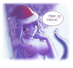 Rule 34 | 1girl, :p, blue skin, blush, breasts, christmas, colored skin, hat, heart, karbo, lamia, large breasts, long hair, merry christmas, monster girl, nipples, outdoors, pointy ears, purple eyes, purple hair, santa hat, solo, tail, tentacles, tongue, tongue out, translated, very long hair, vivian (karbo)