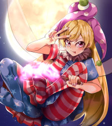 Rule 34 | 1girl, :p, absurdres, american flag dress, american flag legwear, blonde hair, clownpiece, commentary request, fairy wings, full body, hat, highres, holding, holding torch, jester cap, long hair, looking at viewer, mahoro (minase mahoro), moon, nail polish, neck ruff, no shoes, outdoors, pantyhose, pink nails, purple eyes, purple hat, short sleeves, solo, tongue, tongue out, torch, touhou, v, v-shaped eyebrows, very long hair, wings