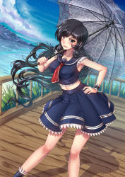 Rule 34 | 1girl, adsouto, black hair, blush, breasts, brown eyes, casual, commentary, dress, english commentary, heterochromia, highres, neo politan, pink eyes, rwby, smile, umbrella