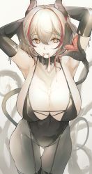 Rule 34 | 1girl, absurdres, alternate costume, armpits, arms behind head, arms up, azur lane, black choker, black leotard, black pantyhose, breasts, brown eyes, choker, cleavage, closed mouth, condom, cross, cross necklace, cum, cum on body, cum on breasts, cum on upper body, demon girl, demon tail, elbow gloves, garter straps, gloves, hair between eyes, halloween costume, head wings, heart, heart-shaped pupils, highres, horns, jewelry, large breasts, leotard, necklace, pantyhose, roon (azur lane), saliva, silver hair, smile, solo, symbol-shaped pupils, tail, thighhighs, tongue, tongue out, used condom, wings, yellow eyes, yusha m