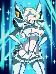 Rule 34 | 1girl, absurdres, blonde hair, blush, breasts, cleavage, cleavage cutout, clenched teeth, closed eyes, clothing cutout, company connection, cosplay, crossover, diana cavendish, embarrassed, frown, gloves, grimphantom, hands on own hips, highres, junketsu, kill la kill, kiryuuin satsuki (cosplay), large breasts, little witch academia, long hair, multicolored hair, navel, parody, solo, sparkle background, teeth, thick thighs, thighhighs, thighs, trigger (company), white gloves, white thighhighs
