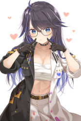 Rule 34 | 1girl, :t, ahoge, belt, black-framed eyewear, black gloves, black hair, blue hair, blush, breasts, chest sarashi, cleavage, coat, collarbone, colored inner hair, delinquent, embarrassed, finger to cheek, gaston57064599, glasses, gloves, highres, indie virtual youtuber, kson, long hair, looking at viewer, medium breasts, mole, mole under eye, multicolored coat, multicolored hair, pants, sarashi, sleeves rolled up, solo, souchou, spiked hair, studded belt, sukeban, two-tone coat, two-tone hair, virtual youtuber, white pants