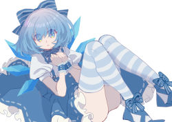 Rule 34 | 1girl, absurdres, adapted costume, blouse, blue bow, blue bowtie, blue dress, blue eyes, blue footwear, blue hair, bow, bowtie, breasts, buttons, cirno, dress, footwear bow, frilled dress, frills, hair bow, hair over eyes, hands on own chest, highres, ice, ice wings, legs up, looking at viewer, parted lips, pinafore dress, puffy short sleeves, puffy sleeves, shirt, shocho (shaojiujiu), short hair, short sleeves, sleeveless, sleeveless dress, small breasts, solo, striped clothes, striped thighhighs, thighhighs, touhou, white background, white shirt, wings, wrist cuffs