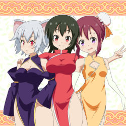 Rule 34 | 3girls, alternate costume, animal ears, bare shoulders, black hair, breasts, brown hair, bun cover, cato (monocatienus), china dress, chinese clothes, cleavage, cleavage cutout, clothing cutout, cowboy shot, detached sleeves, double bun, dress, elbow gloves, gloves, grey hair, hand on another&#039;s shoulder, hand on own hip, himekaidou hatate, hip focus, inubashiri momiji, looking at viewer, medium breasts, multiple girls, open mouth, purple eyes, red eyes, shameimaru aya, short hair, side slit, small breasts, smile, taut clothes, taut dress, thighs, touhou, tsurime, v, white gloves, wolf ears
