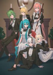 Rule 34 | 6+girls, adjusting clothes, adjusting necktie, ahoge, alternate costume, apron, aqua eyes, aqua hair, arm on knee, black bow, black bowtie, black footwear, black hair, black jacket, black ribbon, blonde hair, blue eyes, bow, bow hairband, bowtie, broom, chair, dress pants, enmaided, expressionless, fireplace, flower (vocaloid), flower (vocaloid4), formal, green eyes, green hair, grey vest, gumi, hair bow, hairband, hand in pocket, hatsune miku, headdress, highres, holding, holding broom, ia (vocaloid), indoors, jacket, kagamine rin, knee up, light smile, long hair, looking at viewer, maid, maid apron, maid headdress, megurine luka, multicolored hair, multiple girls, neck ribbon, necktie, on floor, one eye closed, open mouth, parted lips, pink hair, plant, platinum blonde hair, potted plant, purple hair, ribbon, rubbing eyes, short hair, short hair with long locks, short sleeves, sidelocks, sideways glance, sitting, smile, streaked hair, suit, traditional bowtie, twintails, very long hair, vest, vocaloid, white bow, white hair, wounds404, wrist cuffs
