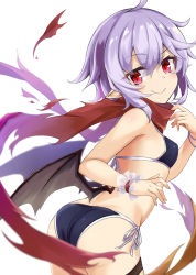 Rule 34 | 1girl, ahoge, akisome hatsuka, alternate costume, arms up, ass, bat wings, bikini, blue bikini, blue hair, blurry, blurry background, bracelet, breasts, cowboy shot, from side, hair between eyes, halterneck, head tilt, jewelry, leaning forward, looking at viewer, red eyes, red scarf, remilia scarlet, scarf, short hair, side-tie bikini bottom, simple background, small breasts, smile, solo, standing, string bikini, swimsuit, thigh strap, torn clothes, torn scarf, touhou, white background, wings, wrist cuffs