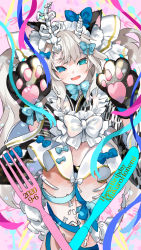 Rule 34 | :d, aano (10bit), absurdres, animal ear fluff, animal ears, animal hands, asymmetrical horns, black gloves, black kimono, black panties, blue bow, blue ribbon, blush, bone horns, bone tail, bow, cat ears, character name, dated, eyebrows hidden by hair, fangs, gloves, hair bow, hands up, happy birthday, highres, honemi mukuro, horns, indie virtual youtuber, japanese clothes, kimono, looking at viewer, maid headdress, official art, open mouth, panties, paw gloves, petals, pink background, pink ribbon, ribbon, silver hair, skeleton, smile, solo, standing, striped, underwear, virtual youtuber, white bow, yagasuri