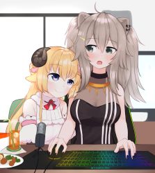 Rule 34 | 2girls, :o, animal ears, bare shoulders, big hair, black nails, blonde hair, blush, breasts, cleavage, closed mouth, commentary, cup, curled horns, desk, detached sleeves, drinking glass, drinking straw, english commentary, fingernails, green eyes, grey hair, hair ornament, hairclip, heart, highres, hololive, horns, jewelry, keyboard (computer), large breasts, lion ears, long hair, looking at another, looking to the side, looking up, microphone, mouse (computer), multiple girls, mushroom, nail polish, necklace, open mouth, puffy detached sleeves, puffy short sleeves, puffy sleeves, purple eyes, rgb lights, see-through, see-through cleavage, sheep girl, sheep horns, shishiro botan, shishiro botan (1st costume), short sleeves, signature, smile, tsunomaki watame, tsunomaki watame (1st costume), virtual youtuber, yoako, yuri