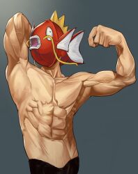 Rule 34 | 1boy, abs, absurdres, arm behind head, armpits, biceps, clenched hand, commentary request, creatures (company), fish head, flexing, game freak, gen 1 pokemon, grey background, hands up, highres, looking to the side, magikarp, male focus, muscular, muscular male, navel, nintendo, pokemon, sho bu 1116, solo, topless male, veins, what