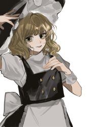 Rule 34 | 1girl, :d, absurdres, apron, arm up, back bow, black skirt, black vest, blonde hair, bow, breasts, flower, flower request, gotagotay, hair flower, hair ornament, hand on headwear, hands up, hat, highres, kirisame marisa, light blush, light brown hair, light smile, looking at viewer, medium hair, open mouth, parted lips, puffy short sleeves, puffy sleeves, short sleeves, simple background, skirt, small breasts, smile, solo, touhou, turtleneck, vest, waist apron, white background, white flower, witch hat, yellow eyes