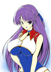 Rule 34 | 1girl, alternate breast size, blue eyes, bodysuit, breasts, choker, cleavage, collarbone, covered erect nipples, covered navel, dirty pair, dirty pair flash, hair ribbon, hand on own hip, hassen (8cm), large breasts, long hair, open mouth, purple hair, ribbon, simple background, sleeveless, upper body, yuri (dirty pair flash)