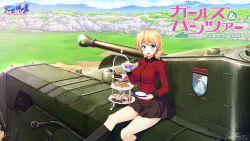 Rule 34 | 10s, 1girl, black legwear, black tea, blonde hair, blue eyes, blush, boots, braid, breasts, cake, churchill (tank), copyright name, cup, darjeeling (girls und panzer), emblem, food, girls und panzer, highres, hozumi kaoru, large breasts, looking at viewer, military, military uniform, military vehicle, motor vehicle, mountain, muzzle device, open mouth, pleated skirt, saucer, skirt, smile, solo, st. gloriana&#039;s (emblem), tank, tea, teacup, thighs, tiered tray, turret, uniform, vehicle