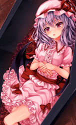 Rule 34 | 1girl, absurdres, bat wings, blush, bow, breasts, center frills, coffin, commentary request, dress, feet out of frame, flower, frilled shirt collar, frills, hair between eyes, hat, hat ribbon, head tilt, highres, in container, kitou kaitai, light purple hair, lips, lying, medium breasts, mob cap, nail polish, on back, own hands together, parted lips, pink dress, pink hat, pink lips, puffy short sleeves, puffy sleeves, red bow, red eyes, red flower, red nails, red ribbon, red rose, red sash, remilia scarlet, revision, ribbon, rose, sash, shiny skin, short hair, short sleeves, solo, thighs, touhou, wing collar, wings