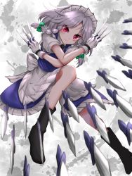 Rule 34 | 1girl, apron, arms up, between fingers, black footwear, blue skirt, blue vest, blurry, blurry foreground, boots, braid, commentary, crossed arms, elbow on knee, evil smile, floating, floral background, gloves, gradient background, grey background, highres, holding, holding knife, izayoi sakuya, kayon (touzoku), knee up, knife, looking at viewer, maid headdress, outstretched leg, parted bangs, puffy short sleeves, puffy sleeves, red eyes, shirt, short hair, short sleeves, silver hair, skirt, smile, solo, splatter background, touhou, twin braids, vest, waist apron, white gloves, white shirt