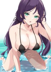 Rule 34 | 1girl, anbasa (amaneyuz13), barefoot, bikini, black bikini, blush, breasts, cleavage, collarbone, commentary, eyebrows hidden by hair, gradient background, green eyes, hand in own hair, highres, kneeling, large breasts, leaning forward, long hair, looking at viewer, love live!, parted bangs, parted lips, partially submerged, purple hair, simple background, solo, swimsuit, tojo nozomi, very long hair, white background