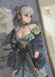 Rule 34 | 1girl, aac honey badger, absurdres, advanced armament corporation, ahoge, assault rifle, bra, breasts, carbine, choker, cleavage, commentary, commission, cowboy shot, english commentary, fingerless gloves, girls&#039; frontline, gloves, gun, half-life, half-life (series), half-life 2, highres, holding, holding gun, holding weapon, honey badger (girls&#039; frontline), huge filesize, integral suppressor, integrally-suppressed firearm, large breasts, medium hair, nail polish, open clothes, open shirt, personal defense weapon, pleated skirt, purple eyes, q (firearms company), rifle, rifleman1130, silver hair, skirt, solo, suppressor, underwear, weapon