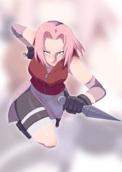 Rule 34 | 1girl, alternate breast size, bare shoulders, bike shorts, black footwear, black gloves, blush, boots, breasts, collarbone, dual wielding, gloves, green eyes, haruno sakura, headband, highres, holding, holding weapon, holster, konohagakure symbol, kunai, lips, looking at viewer, naruto (series), naruto shippuuden, toeless footwear, parted lips, pink hair, red shirt, shirt, shoes, short hair, shorts, shorts under skirt, side slit, sleeveless, sleeveless shirt, smile, solo, thigh holster, thigh strap, tovio rogers, weapon, zipper