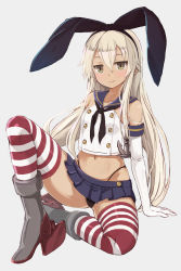Rule 34 | 1girl, anchor hair ornament, black panties, blonde hair, blue skirt, closed mouth, commentary request, crop top, deku suke, elbow gloves, gloves, grey eyes, hair ornament, hairband, highleg, highleg panties, highres, kantai collection, long hair, looking at viewer, microskirt, miniskirt, panties, sailor collar, school uniform, serafuku, shimakaze (kancolle), sitting, skirt, striped clothes, striped thighhighs, thighhighs, thong, underwear, white background, white gloves