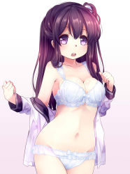 Rule 34 | 1girl, 54hao, :o, bare shoulders, blush, bow, bow bra, bow panties, bra, breasts, cleavage, collarbone, commentary request, gradient background, groin, hair between eyes, hair ornament, hair scrunchie, hands up, highres, large breasts, long hair, long sleeves, looking at viewer, navel, off shoulder, one side up, open mouth, original, panties, pink background, purple eyes, purple hair, school uniform, scrunchie, serafuku, shirt, solo, teeth, underwear, upper teeth only, very long hair, white background, white bra, white panties, white scrunchie, white shirt