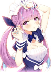 Rule 34 | 1girl, anchor symbol, arm above head, arm up, backlighting, blue hair, blue nails, blunt bangs, blush, bow, braid, breasts, cleavage cutout, clothing cutout, collarbone, colored inner hair, commentary request, dress bow, framed breasts, french braid, hololive, long hair, looking at viewer, maid headdress, medium breasts, minato aqua, minato aqua (1st costume), multicolored hair, nail polish, purple eyes, purple hair, smile, solo, twin braids, virtual youtuber, zpolice