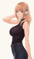 Rule 34 | 1girl, bare arms, bare shoulders, beige background, black pants, black shirt, breasts, brown hair, earrings, elf, eluaria, from side, green eyes, green hair, highres, hikichi sakuya, jewelry, large breasts, looking at viewer, medium hair, mole, mole under eye, multicolored hair, original, pants, parted lips, pointy ears, shirt, shirt tucked in, simple background, sleeveless, smile, solo