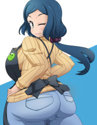 Rule 34 | 10s, 1girl, apron, aqua eyes, ass, blue background, blue hair, breasts, denim, gundam, gundam build fighters, haro button badge, huge ass, iori rinko, jeans, kani club, large breasts, light smile, long hair, looking at viewer, looking back, mature female, one eye closed, pants, plump, ribbed sweater, solo, sweater, white background, wink
