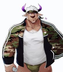 Rule 34 | 1boy, animal ears, bara, beard, bulge, camouflage, chest hair, cow boy, cow ears, cow horns, cowboy shot, erection, erection under clothes, facial hair, furry, furry male, horns, large pectorals, male focus, male underwear, manly, muscular, pectorals, ppyong, purple eyes, purple horns, shennong (housamo), simple background, solo, tank top, thighs, tokyo houkago summoners, underwear, upper body, white hair