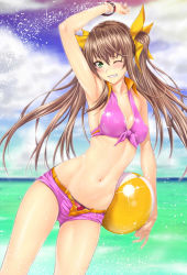 Rule 34 | 10s, 1girl, bad id, bad pixiv id, ball, beachball, bikini, blush, breasts, brown hair, cloud, covered erect nipples, cowboy shot, day, female focus, front-tie top, green eyes, hair ribbon, huang lingyin, infinite stratos, long hair, looking at viewer, navel, ocean, one eye closed, outdoors, ribbon, shiny clothes, short shorts, shorts, sky, small breasts, solo, standing, summer, swimsuit, teeth, water, zucchini