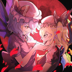 Rule 34 | 2girls, ascot, baihe cheng, bat wings, blonde hair, bow, brooch, chinese commentary, collared shirt, commentary request, crystal, fang, flandre scarlet, frilled shirt collar, frills, hand on another&#039;s chin, hat, hat bow, incest, jewelry, light purple hair, looking at another, mob cap, moon, multiple girls, one side up, pink headwear, pink shirt, pink skirt, puffy short sleeves, puffy sleeves, red ascot, red bow, red eyes, red moon, red vest, remilia scarlet, shirt, short hair, short sleeves, siblings, side ponytail, sisters, skirt, slit pupils, tongue, tongue out, touhou, vampire, vest, white headwear, white shirt, wings, yuri