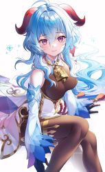 Rule 34 | 1girl, ahoge, arm support, bare shoulders, bell, black gloves, blue hair, blush, bodysuit, breasts, brown bodysuit, brown pantyhose, closed mouth, commentary request, cowbell, curled horns, detached sleeves, ganyu (genshin impact), genshin impact, gloves, goat horns, hair between eyes, highres, horns, kinty, large breasts, long hair, long sleeves, looking at viewer, medium breasts, pantyhose, purple eyes, sitting, smile, solo, sparkle, wavy hair, white background