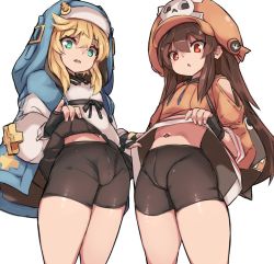 Rule 34 | 2girls, androgyne symbol, bike shorts, black gloves, black shorts, blonde hair, blush, bridget (guilty gear), brown hair, bulge, cameltoe, clothes lift, cowboy shot, fingerless gloves, from below, gloves, green eyes, guilty gear, guilty gear strive, habit, hair between eyes, hat, hood, hoodie, hoodie lift, karukan (monjya), lifting own clothes, long hair, long sleeves, looking at viewer, may (guilty gear), multiple girls, navel, open mouth, red eyes, shorts, sidelocks, simple background, skirt, skirt lift, skull and crossbones, thighs, trans woman, transgender, trap, white background